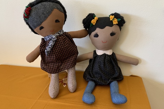 two cloth dolls made of remnant fabrics
