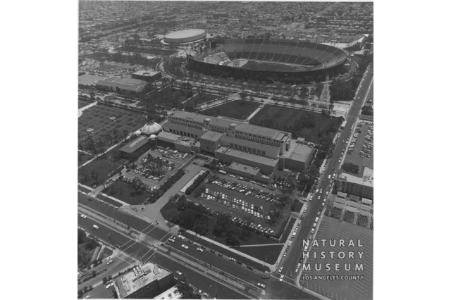 Archival aerial shot of the NHM campus from NHM&#039;s Seaver Center