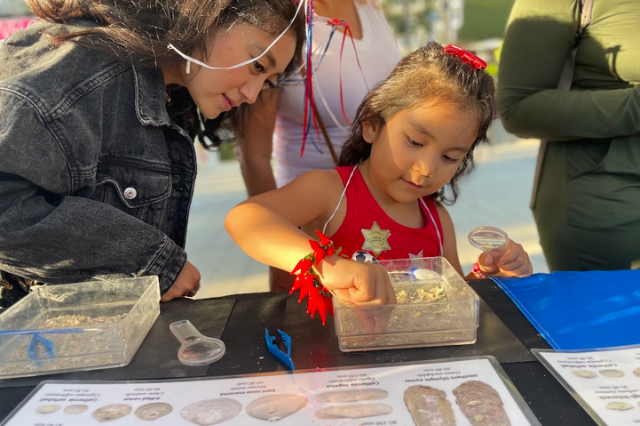 woman and child look at fossils 