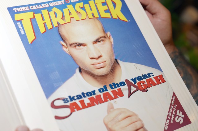 Thrasher Magazine cover with a closeup profile picture of a serious-looking young man with a shaved head, wearing a white shirt. The cover title reads: &quot;Skate of the year: Salman Agah&quot;