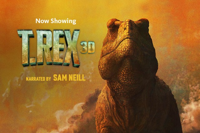 T. REX in aqua and yellow capital letters next to a head and shoulders portrait of an orange-brown tyrannosaurus rex