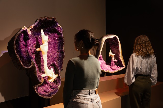 Visitors facing large purple crystal minerals 