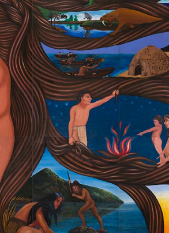 Painting of woman with long hair framing scenes from Los Angeles's past.