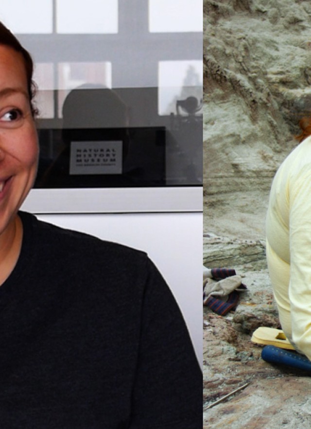 Erika Durazo smiling and wearing a black t-shirt next to a photo of her wearing a yellow sheer scarf, yellow shirt, and green pants sitting crossed-leg in rocky terrain