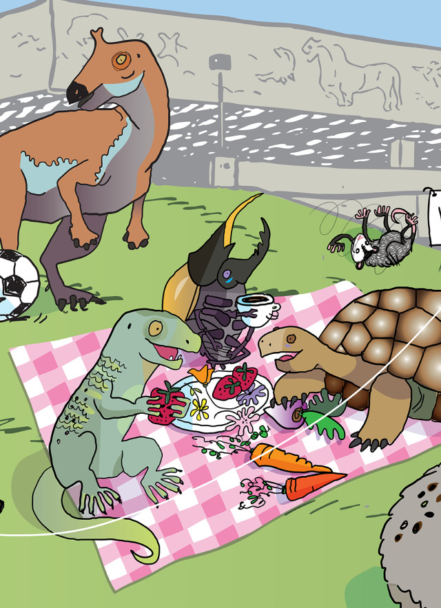 Dinosaurs, mammoth on a bicycle, raccoon, tortoise and other creatures on a green hill having a picnic in front of musuem building