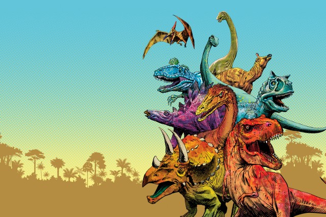 A collage of dinosaurs of various types 