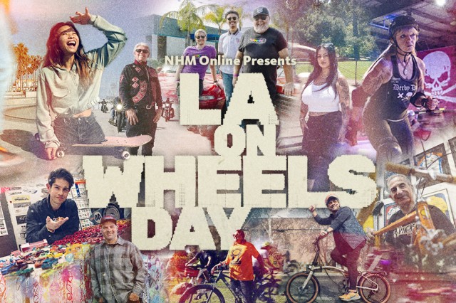 LA on Wheels Day Logo and collage of featured skaters, drivers, and cyclists..