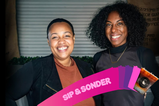 Two women pose together as a pink digital banner labeled "Sip & Sonder" ends in a coffee in front of them