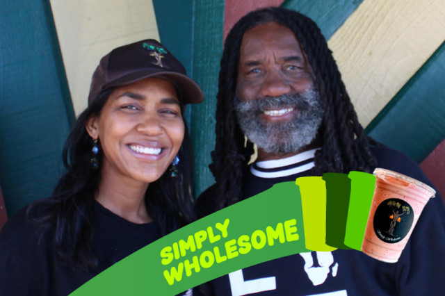 Two people smiling with colorful background