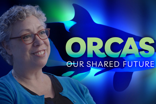 Amanda Killian in front of an orcas with green, blue, and purple lighting