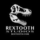 Profile of a dinosaur skeleton above Rextooth Studios in capital white letters