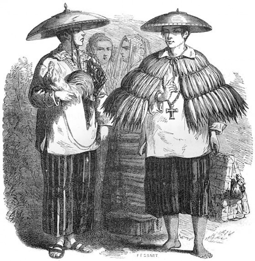 Early 1800s Filipinos in traditional barong tagalog (embroidered long-sleeved shirt), esclavina (cape), and salakot 