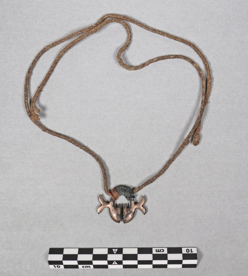 necklace, metal and natural fiber