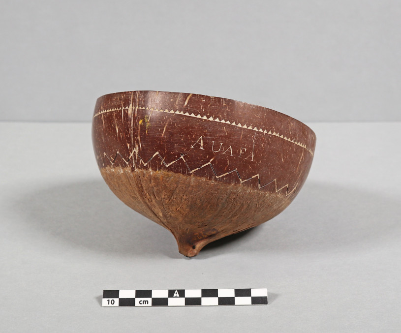 A wide-angle, eye-level studio photograph shows a deep, rounded bowl crafted from a polished coconut shell. The bowl is tilted slightly to the right, resting on a small, pointed nub at its base. It sits against a neutral, light-gray background. A black-and-white centimeter scale bar is positioned in the foreground for size reference.